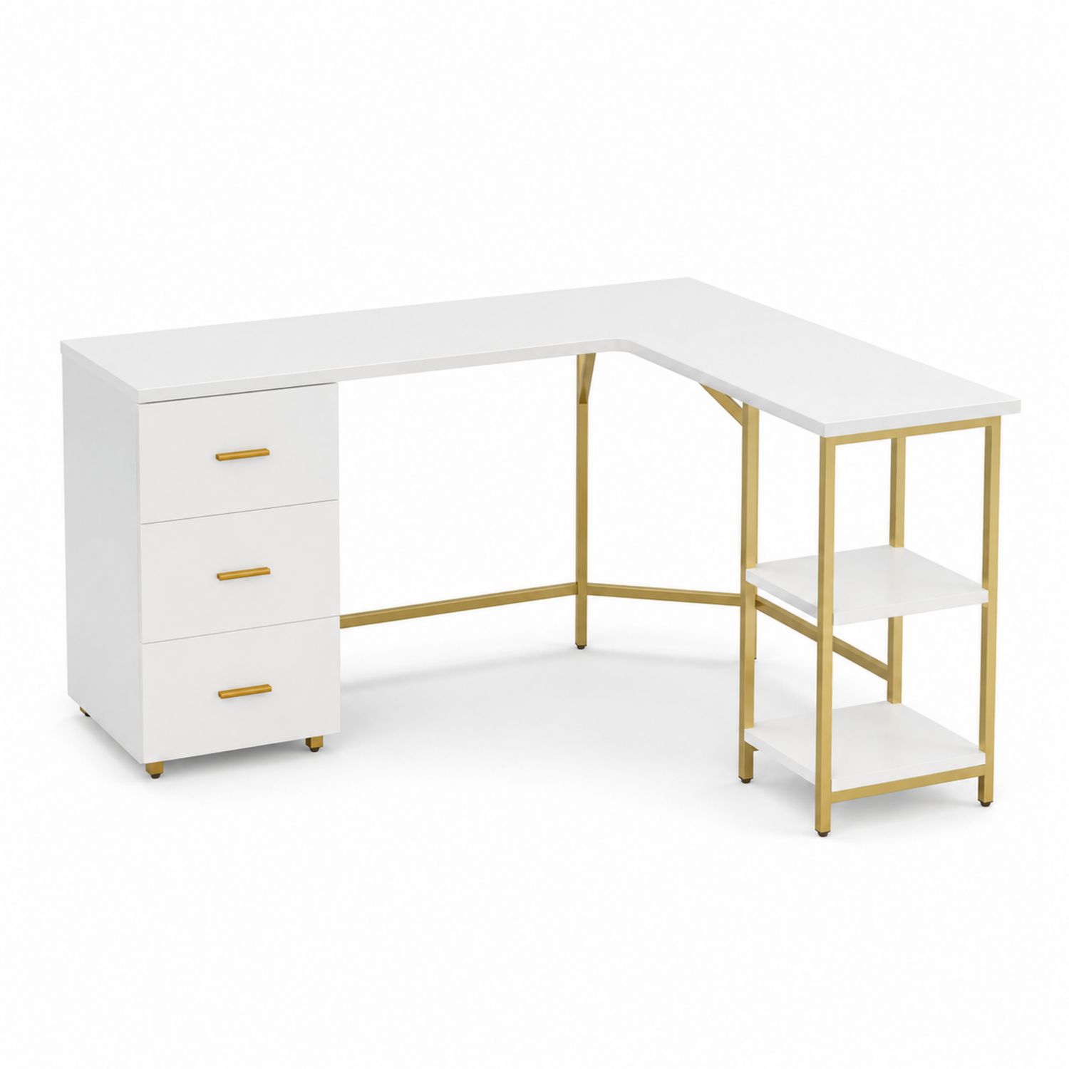 Bureau d'angle en bois et métal Blanc/Doré avec tiroirs et étagères 150x120x75cm