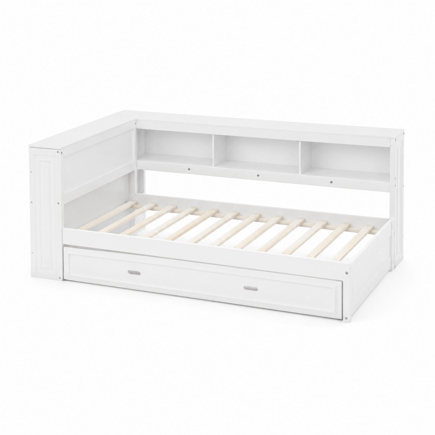 Lit banquette avec rangements et étagères en bois blanc