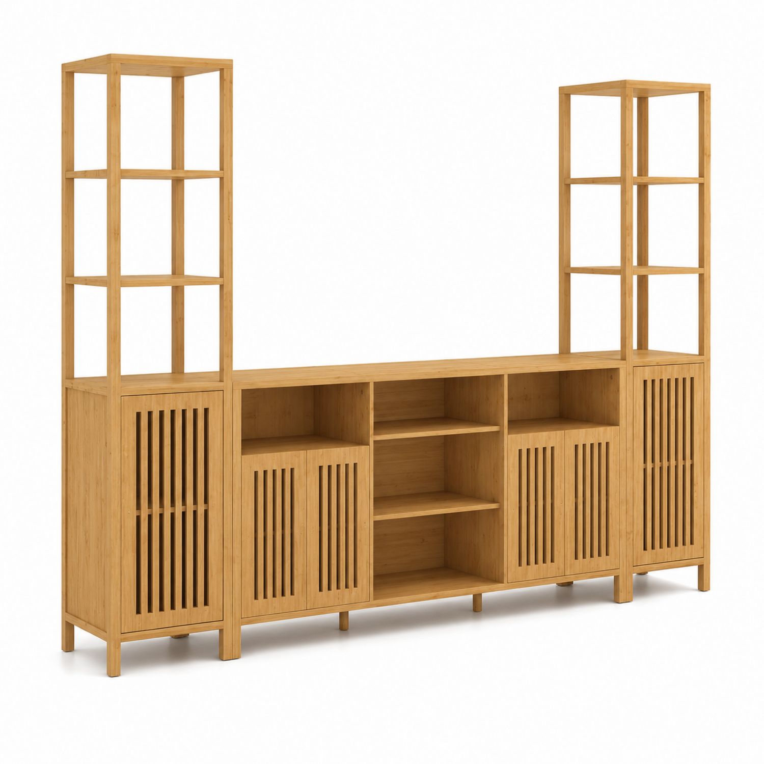 Meuble TV en bois avec étagères ouvertes et fermées
