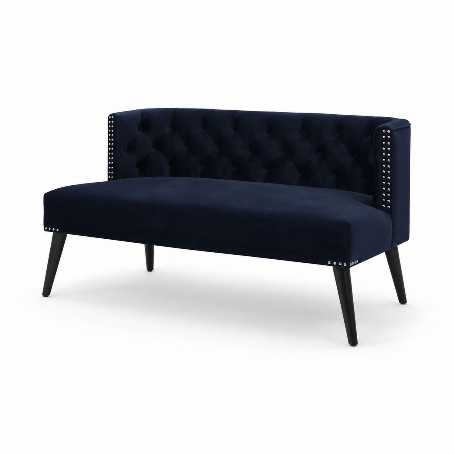 Banc en velours Bleu marine avec dossier capitonné et pieds en bois