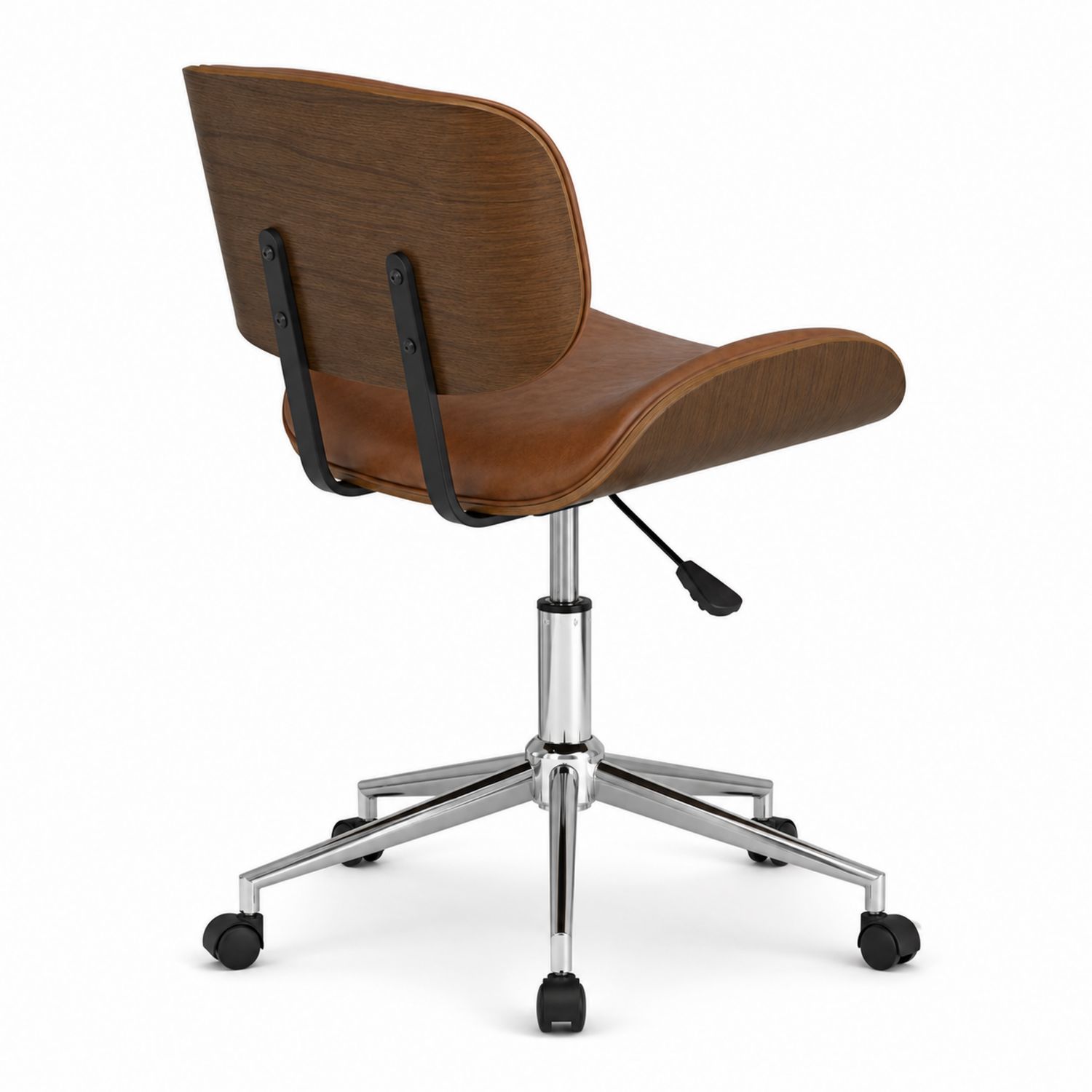 Chaise de bureau pivotante en cuir et bois, base en acier chromé