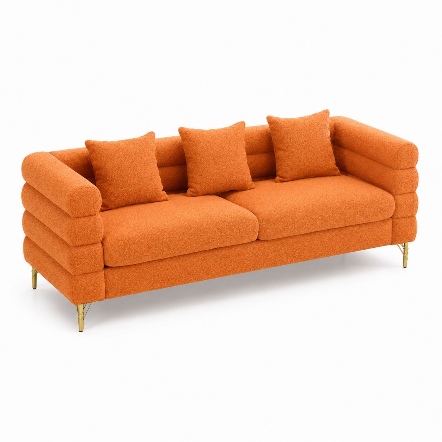 Canapé 3 places en tissu bouclé orange avec pieds en métal doré