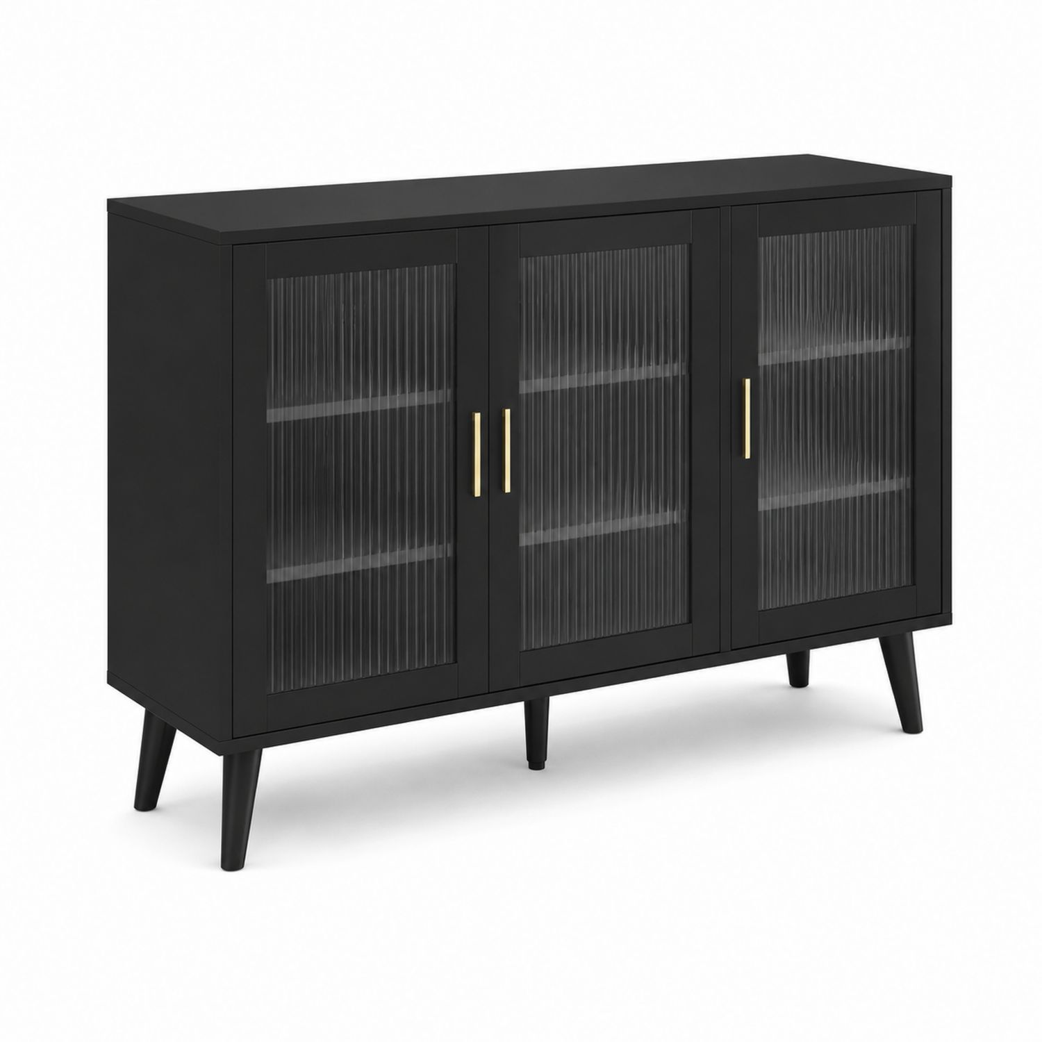 Buffet 3 portes en bois et verre nervuré noir