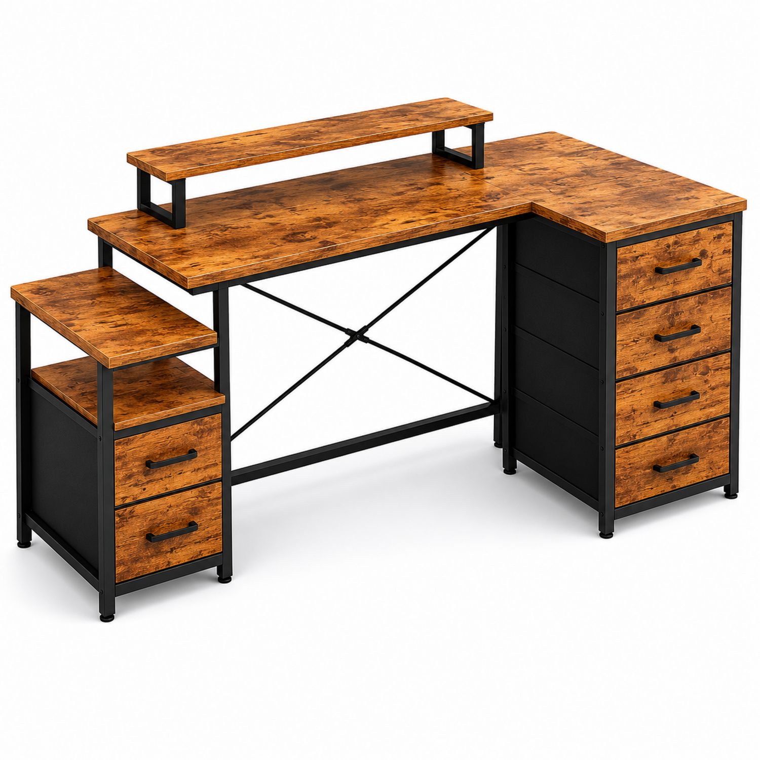 Bureau d'angle en Bois et Métal avec Tiroirs