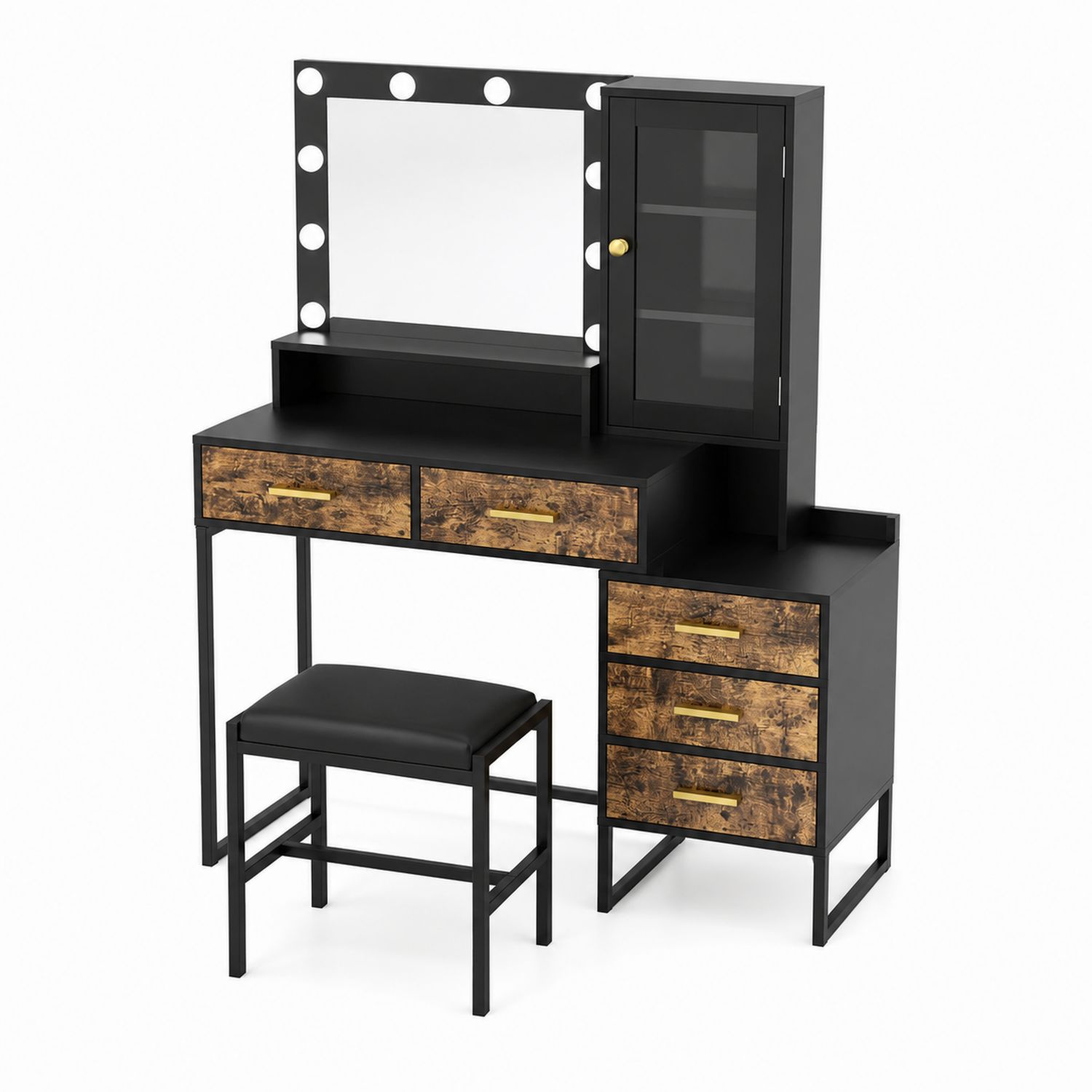 Coiffeuse en métal et MDF avec miroir éclairé et tabouret