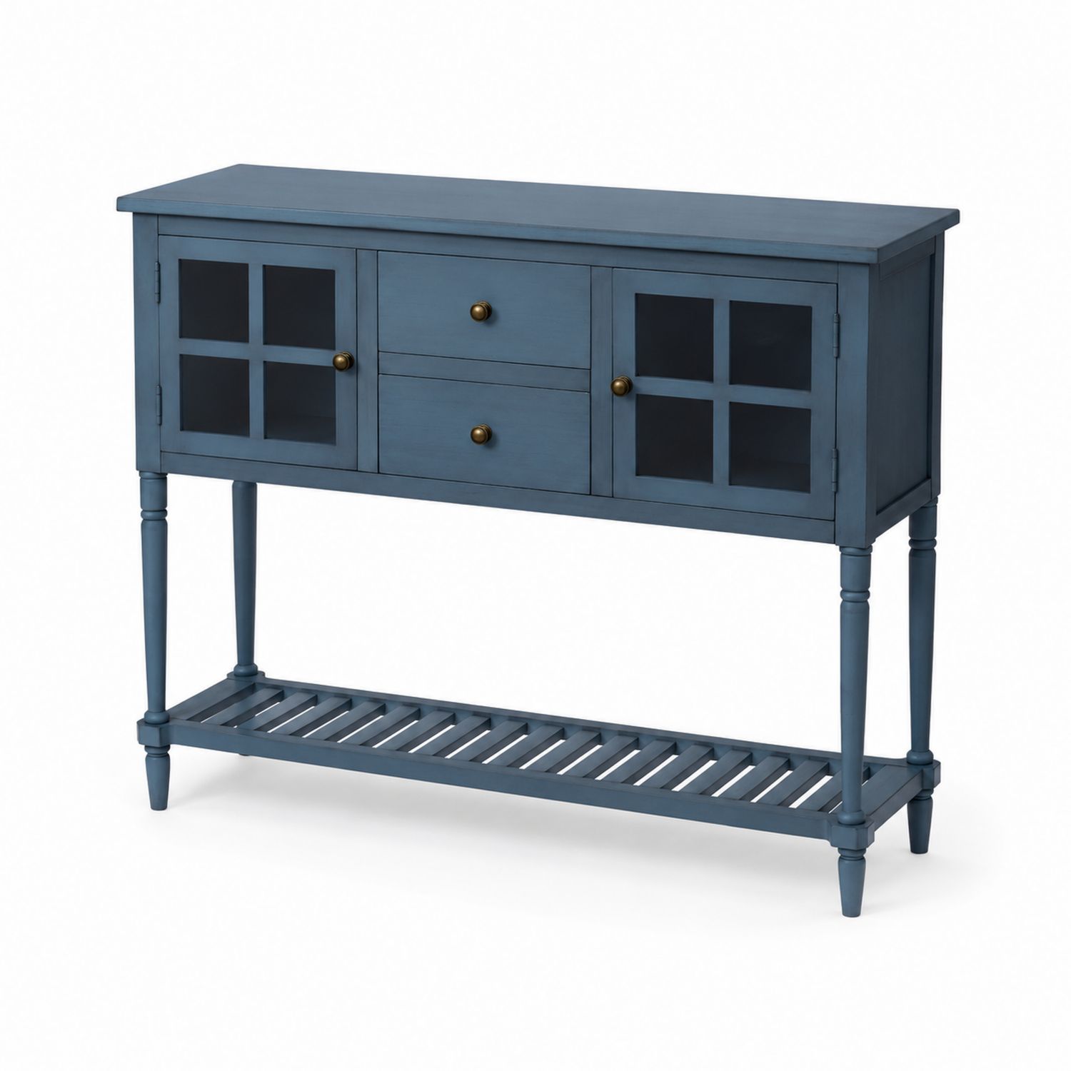 Buffet en bois avec portes en verre et tiroirs bleu 120 cm