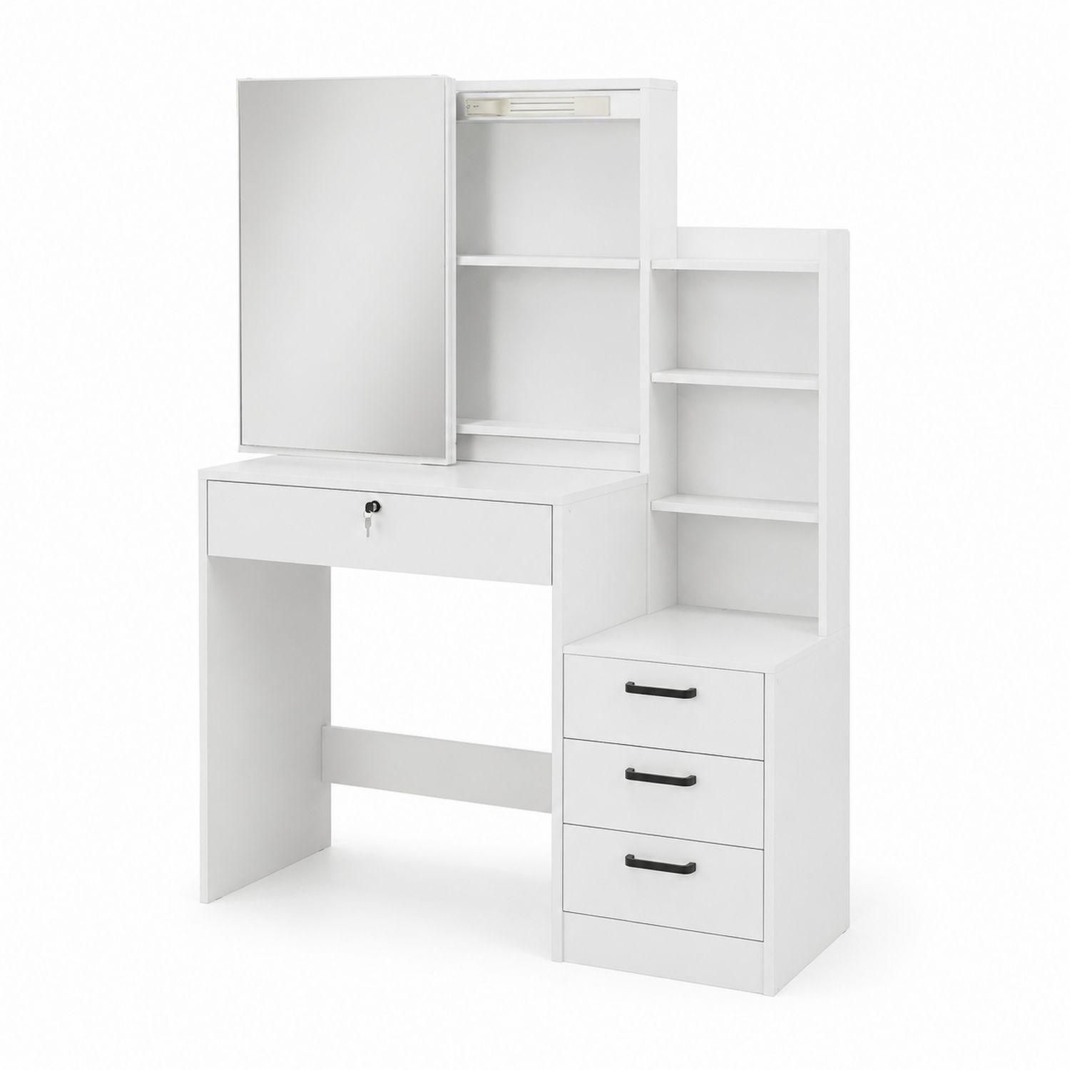 Coiffeuse en bois avec miroir et étagères blanches
