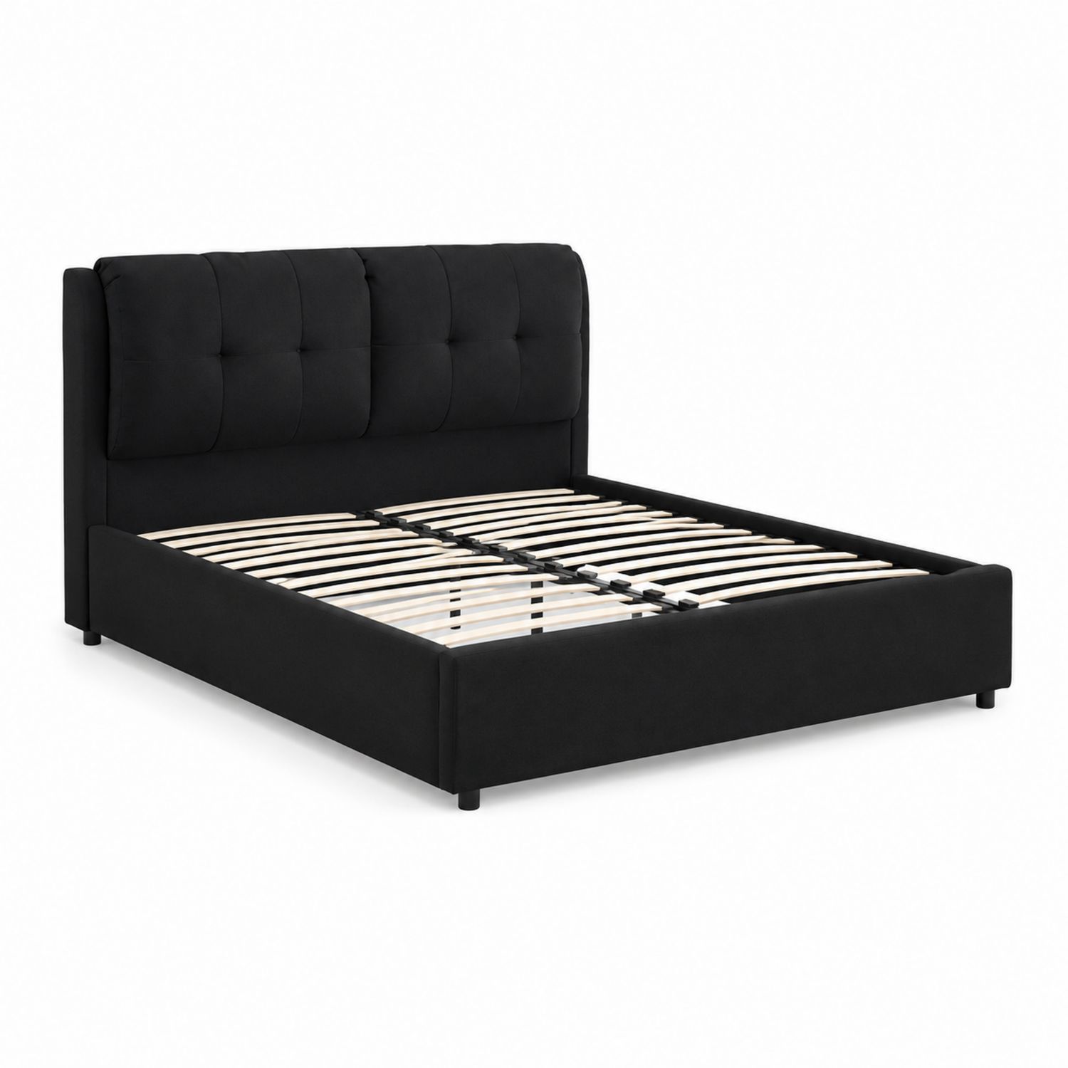 Lit double en tissu noir avec structure en métal 140x200 cm