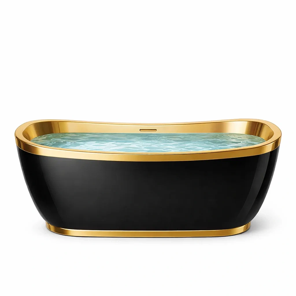 Freistehende Acrylbadewanne mit Edelstahl-Goldrand, 170x75x60 cm, Schwarz-FURNIALUNO
