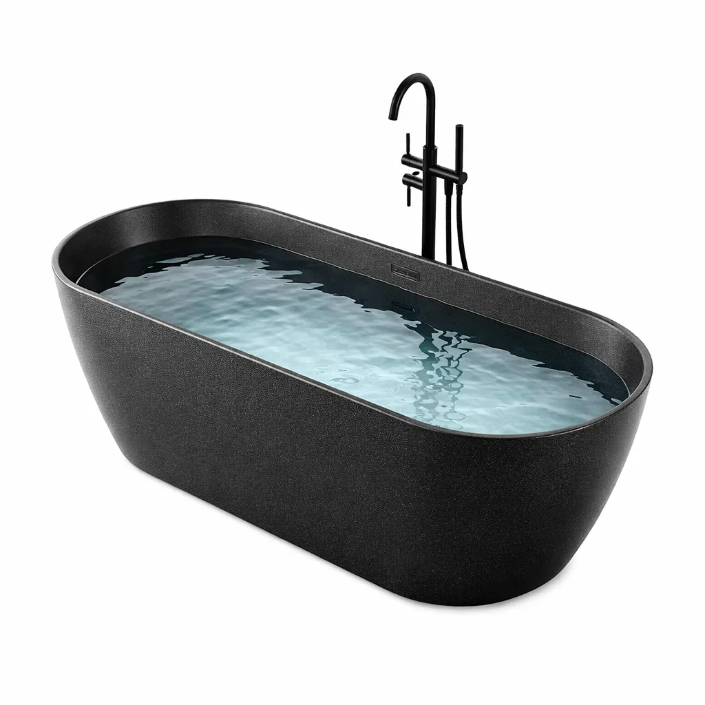 Freistehende ovale Badewanne Mineralguss 170 cm Schwarz-FURNIALUNO