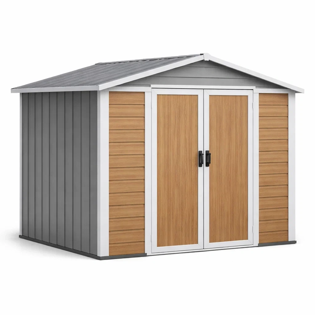 Gartenhaus PVC mit Doppeltür Holzoptik 220x190x210 cm Stahlblech Grau/Braun-FURNIALUNO
