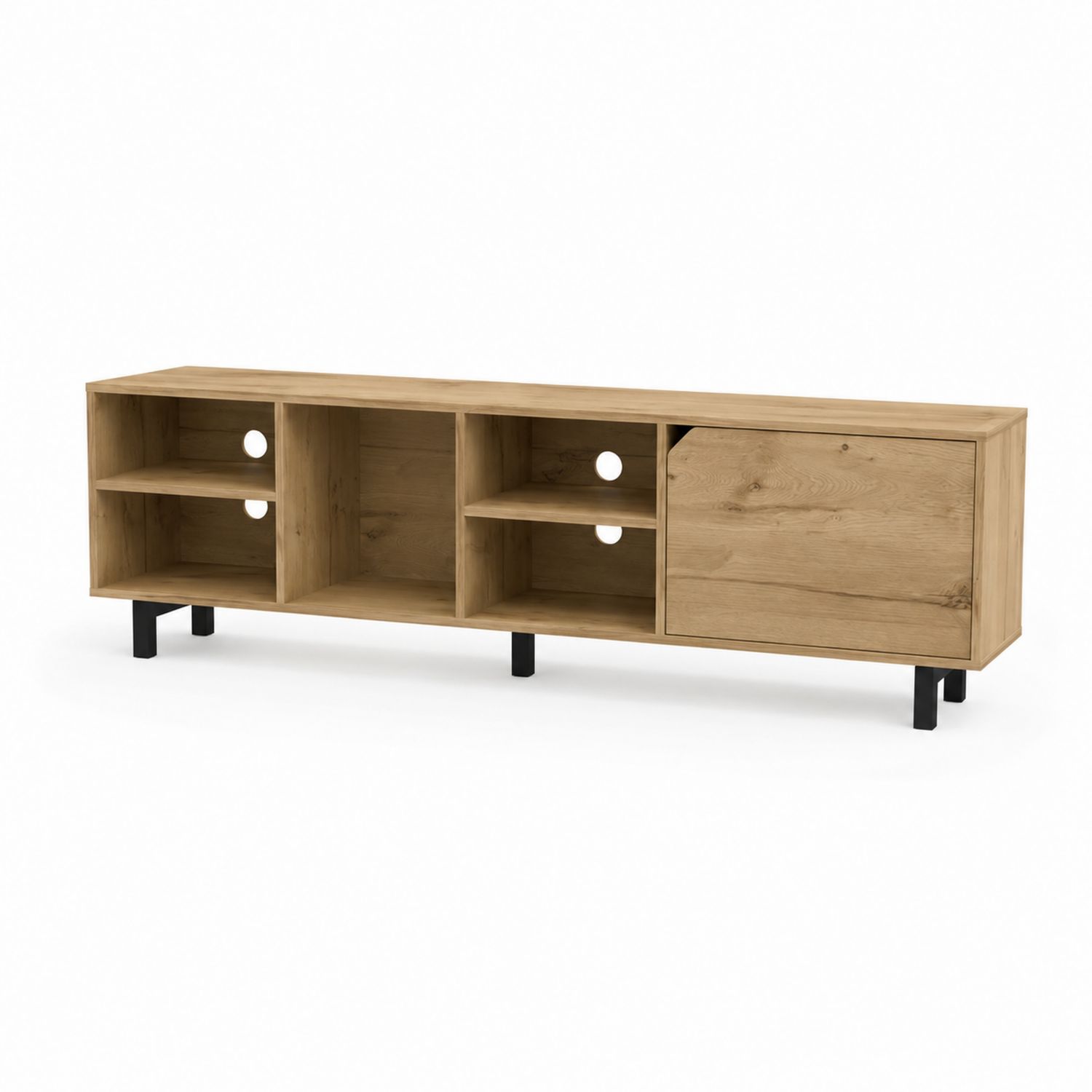 Mueble de TV de madera de roble claro con estantes y puerta 180x40x50cm
