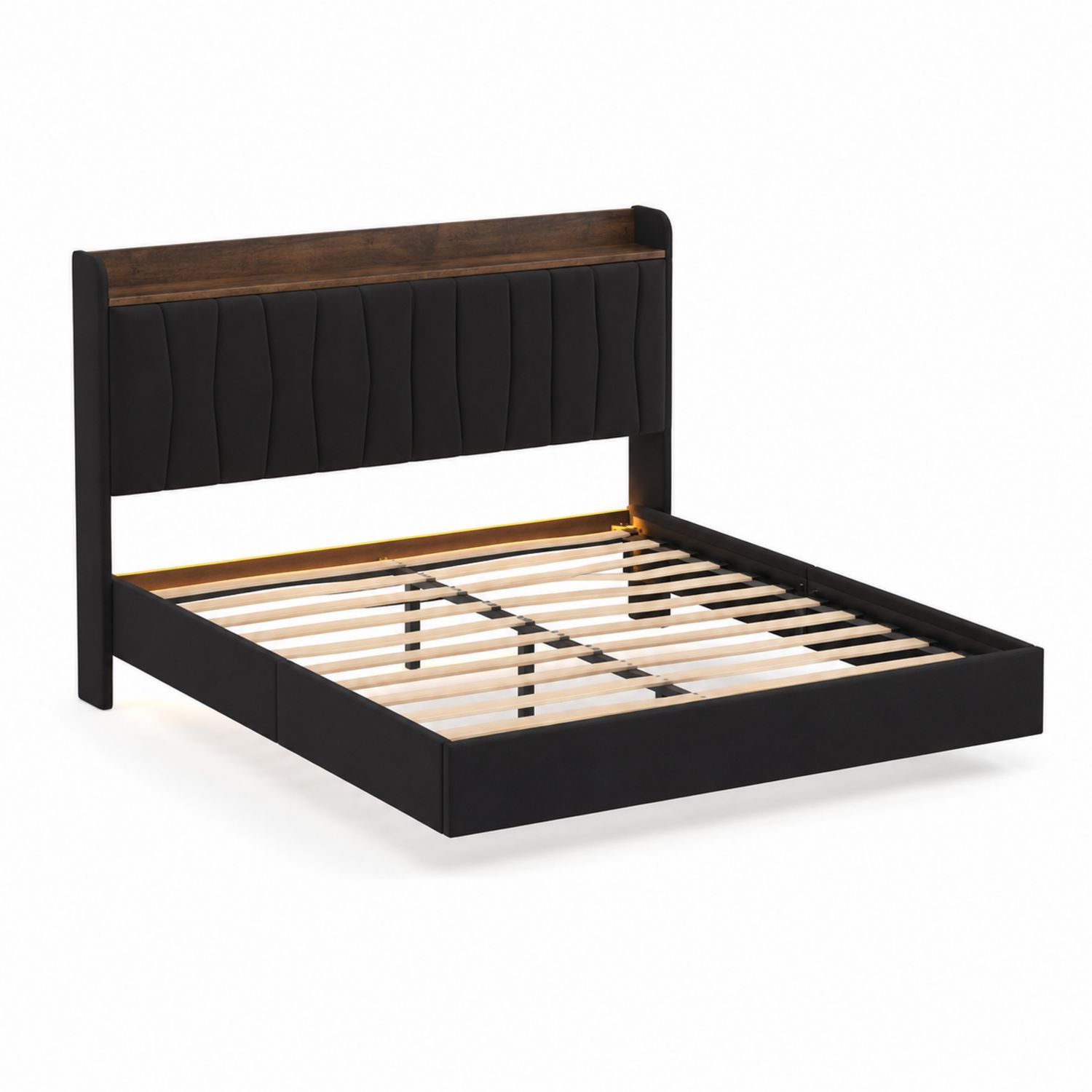 Cama de Madera y Tela Negro 210x160 cm