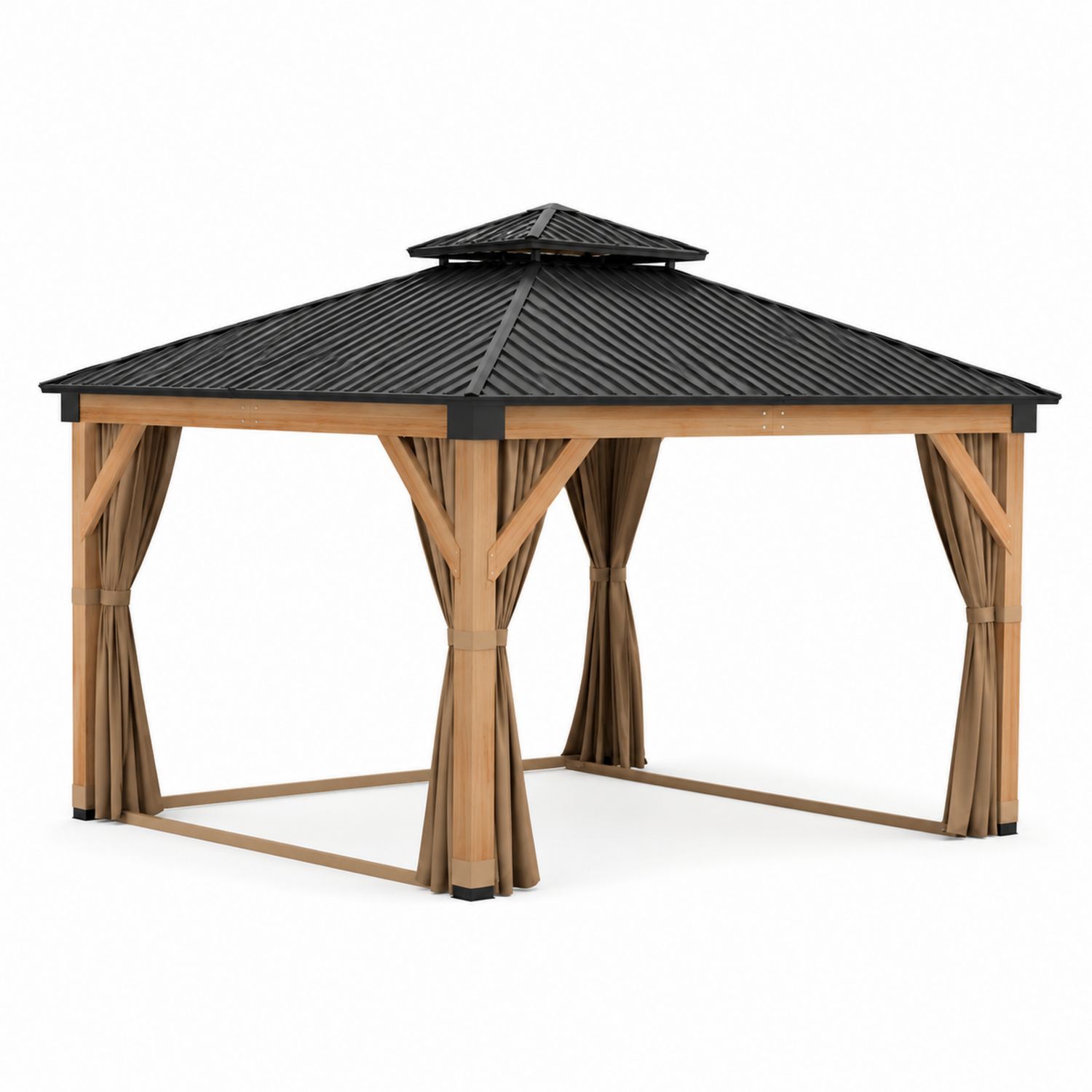 Pérgola cuadrada de aluminio y metal con cortinas 3x3m Marrón/Negro