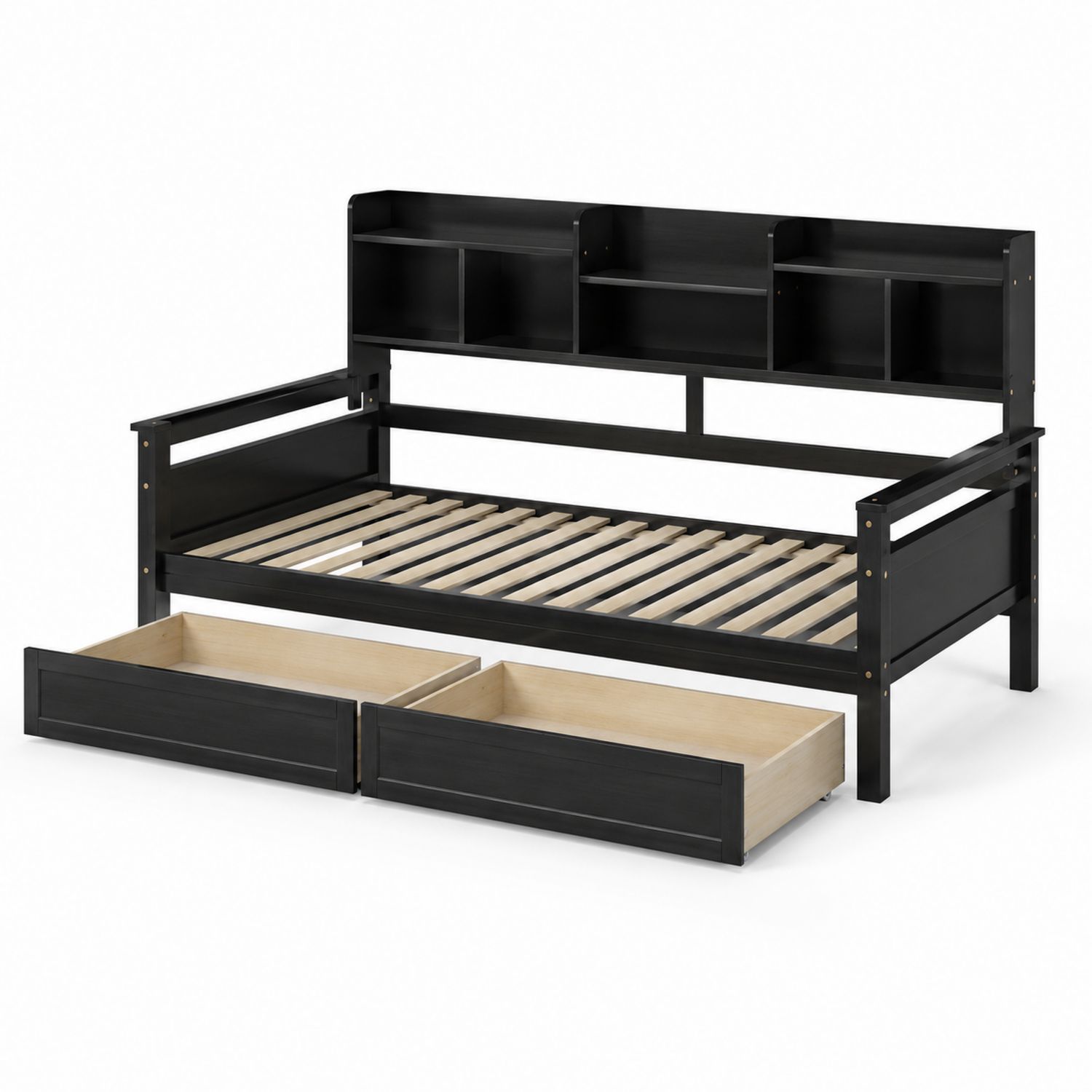 Cama individual de madera con cajones y estantería, Negro