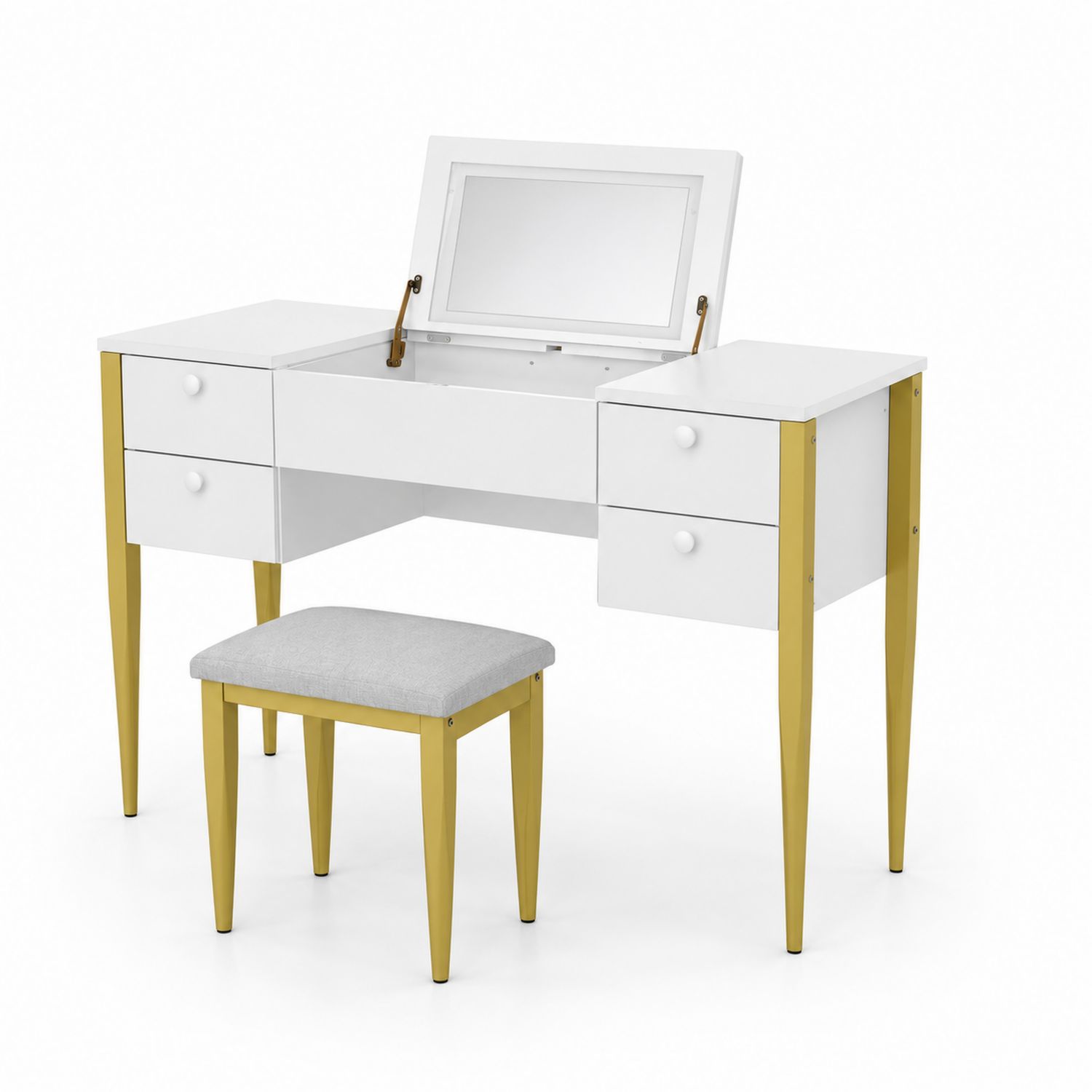 Tocador de MDF con Espejo y Taburete, Blanco/Dorado