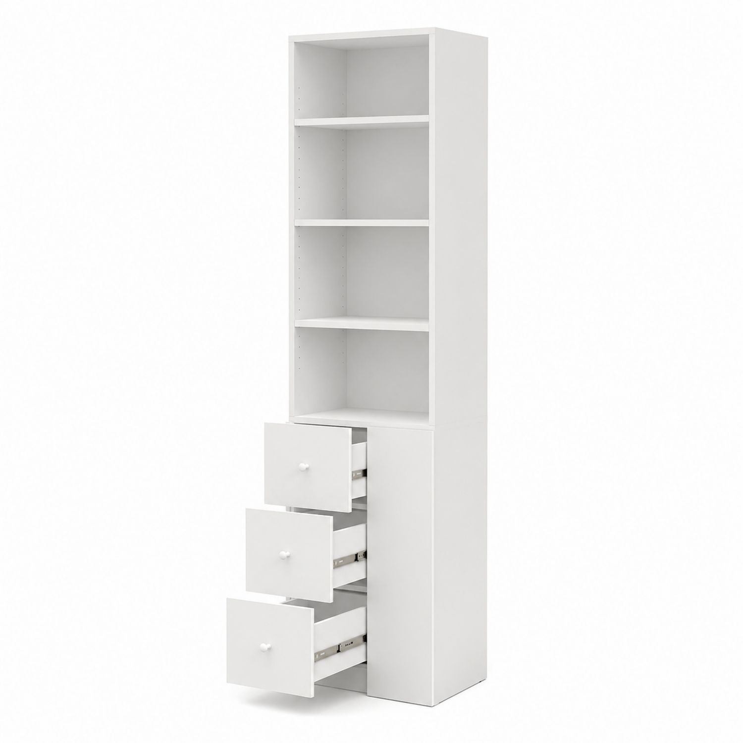 Estantería alta de madera aglomerada blanca con 3 cajones