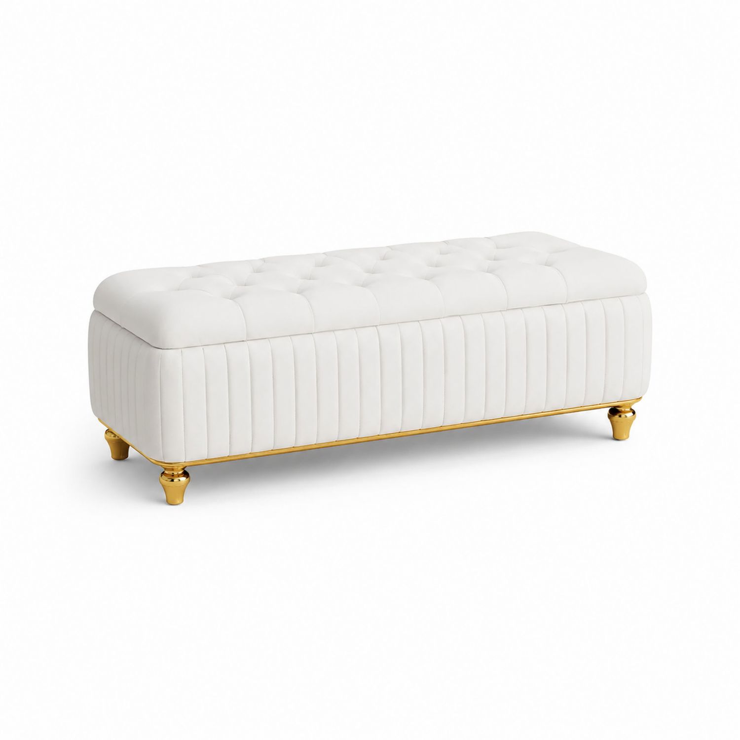 Banco rectangular de cuero sintético blanco con patas doradas