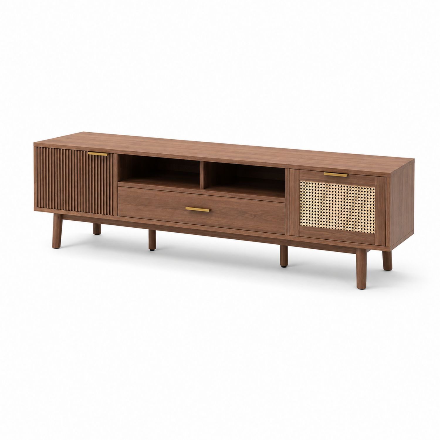 Mueble de TV de Madera de Acacia con Puertas de Malla de Ratán Marrón