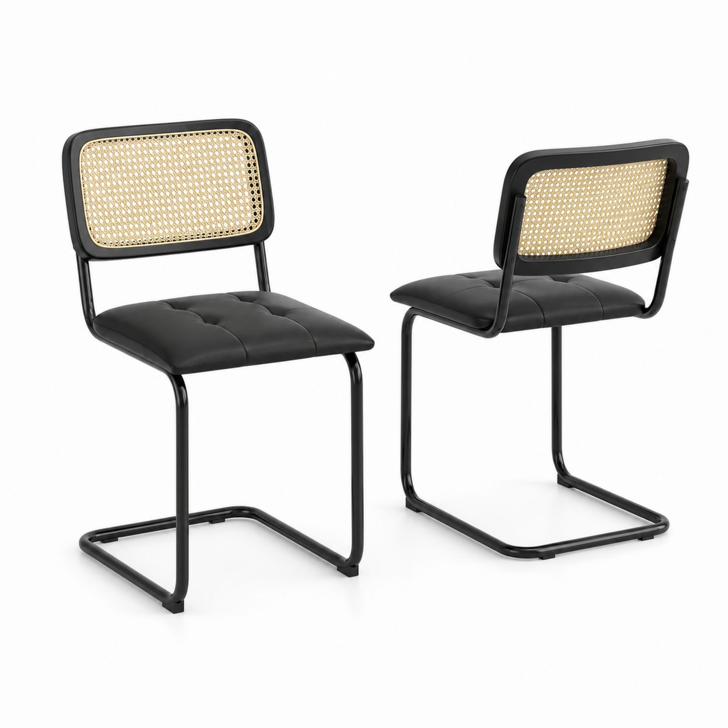 Sillas de comedor de acero con respaldo de rejilla y asiento de cuero PU, set de 2, 45x50x85 cm