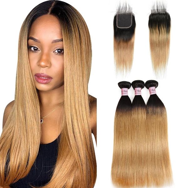 1B/27 Straight Human Hair Bundles With Closure Ombre Colored Hair Bundles With Closure - LollyHair