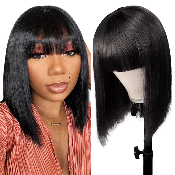 Short Bob Wig With Bangs Straight Glueless Full Machine Made Human Hair Wig - LollyHair
