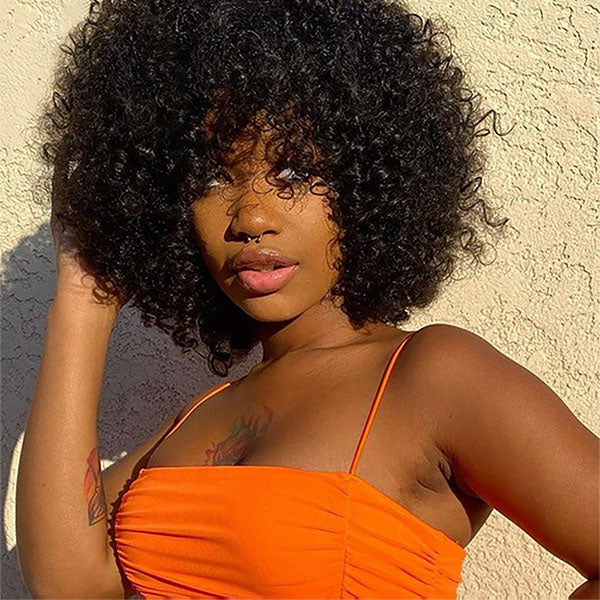 Jerry Curly Human Hair Wigs with Bangs Machine Made Highlight Honey Blonde Colored Wigs - LollyHair