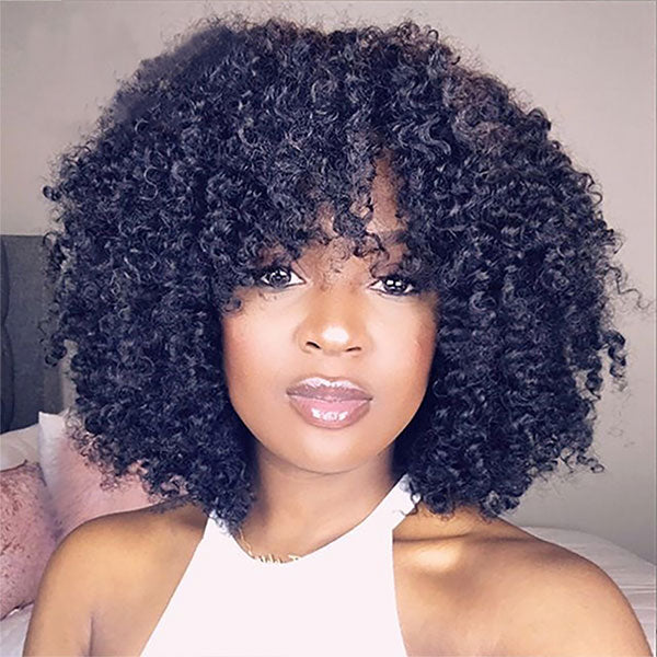 Jerry Curly Human Hair Wigs with Bangs Machine Made Highlight Honey Blonde Colored Wigs - LollyHair