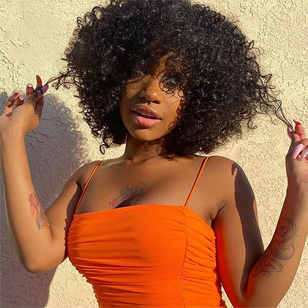 Jerry Curly Human Hair Wigs with Bangs Machine Made Highlight Honey Blonde Colored Wigs - LollyHair