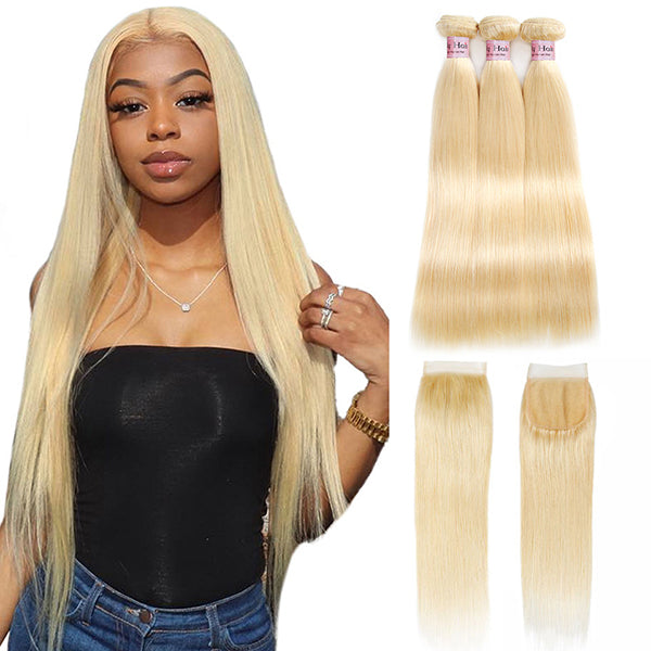 Brazilian 613 Bundles with Closure Blonde Straight Human Hair Bundles and Closures - LollyHair