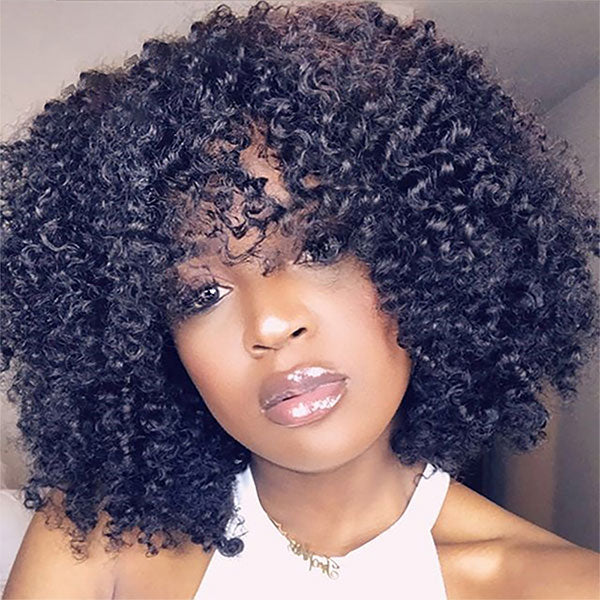 Jerry Curly Human Hair Wigs with Bangs Machine Made Highlight Honey Blonde Colored Wigs - LollyHair