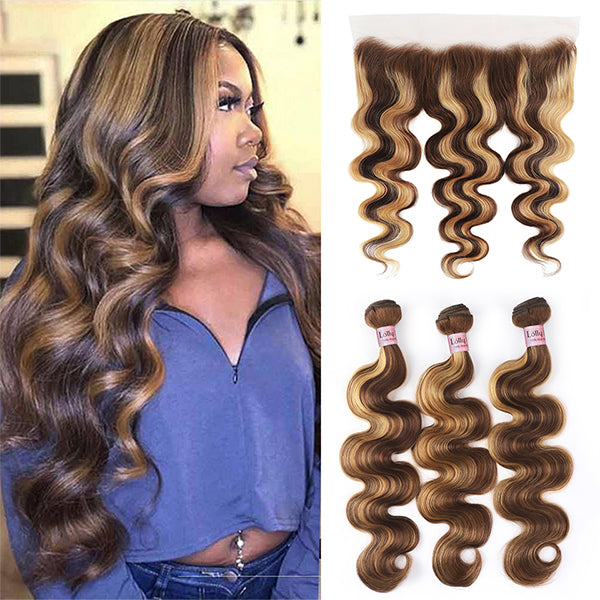 Highlight Body Wave Bundles with Frontal Brazilian Human Hair Bundles with Frontal HD Lace - LollyHair