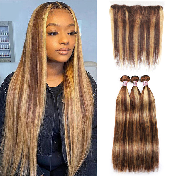 Highlight Human Hair Bundles with Frontal Bone Straight Bundles with HD Lace Frontal - LollyHair