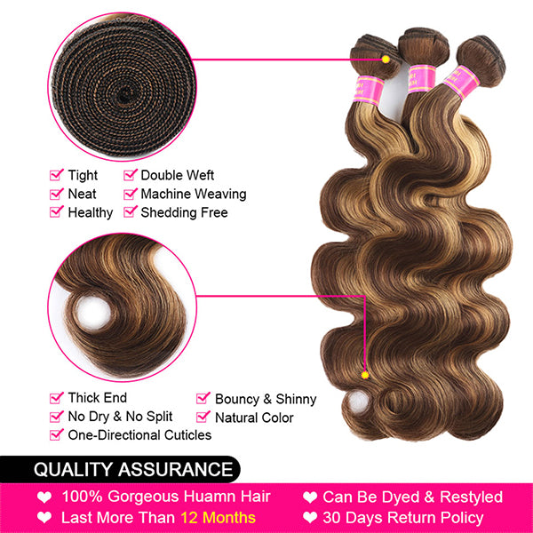Highlight Human Hair Bundles with HD Lace Closure  P4/27 Ombre Body Wave 3 Bundles with Closure - LollyHair