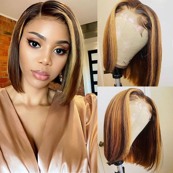 Highlight Bob Wig Ombre Brown Honey Blonde Short Bob Wig - LollyHair