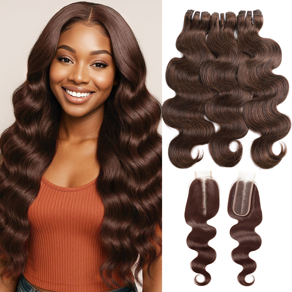 15A #4 Brown Body Wave Bundles with 2x6 Lace Closure Chocolate Brown Colored Human Hair Bundles with Closure Upgrade Remy Hair for Sew In