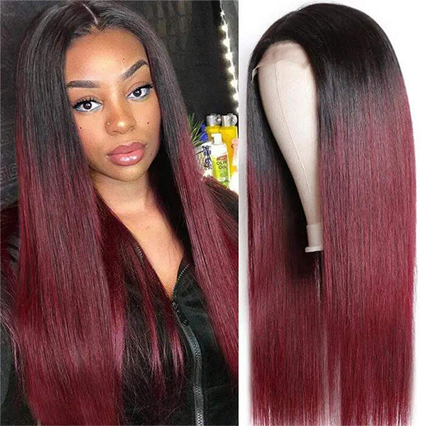 Burgundy Lace Front Wig 1B 99J Ombre Straight Lace Front Human Hair Wigs 4x4 Closure Wig - LollyHair