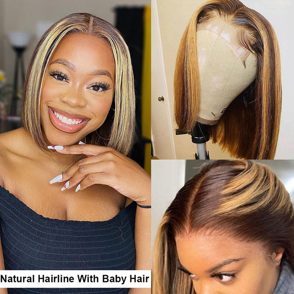 Highlight Bob Wig Ombre Brown Honey Blonde Short Bob Wig - LollyHair