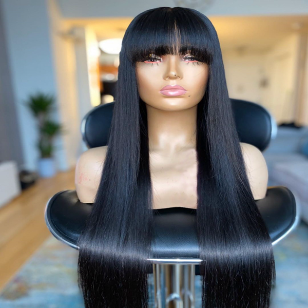 Straight Human Hair Wigs With Bangs Fringe Wig Colored Human Hair Wigs Ginger Burgundy - LollyHair