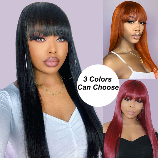 Straight Human Hair Wigs With Bangs Fringe Wig Colored Human Hair Wigs Ginger Burgundy - LollyHair