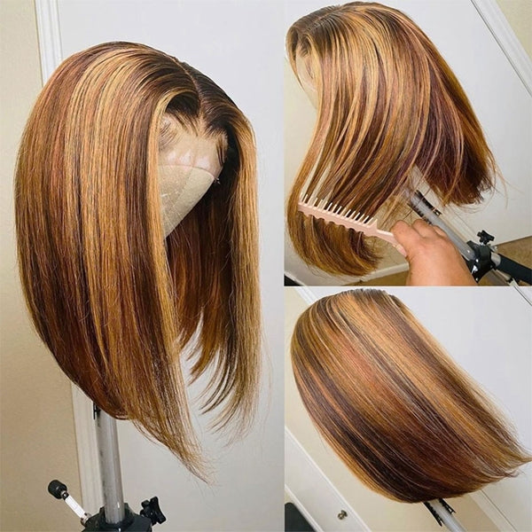 Highlight Bob Wig Ombre Brown Honey Blonde Short Bob Wig - LollyHair