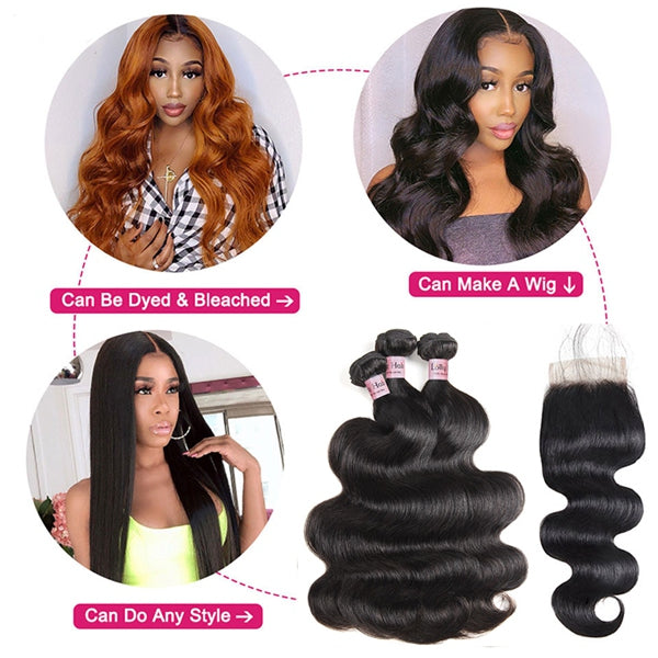 Brazilian Hair Body Wave 3 Bundles with Lace Closure Affordable Remy Human Hair - LollyHair
