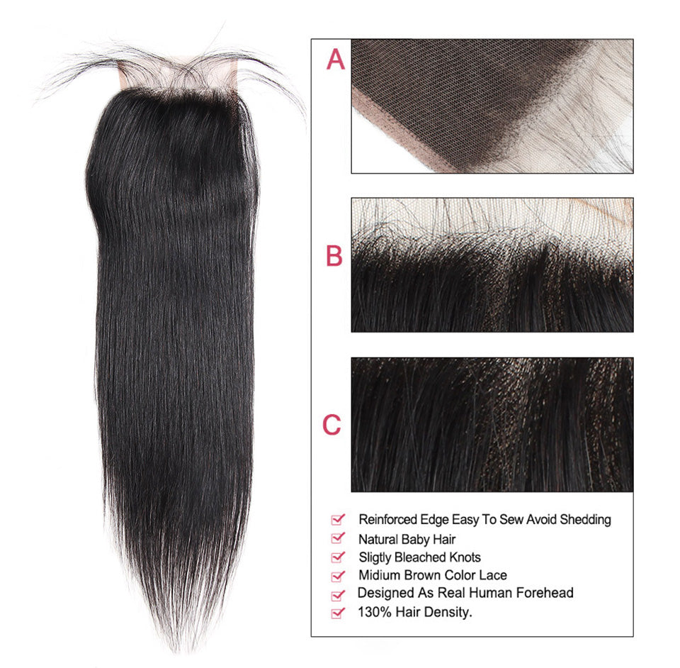 Lolly Brazilian Straight Virgin Hair 4x4 lace Closure, Unprocessed Human hair Natural Color