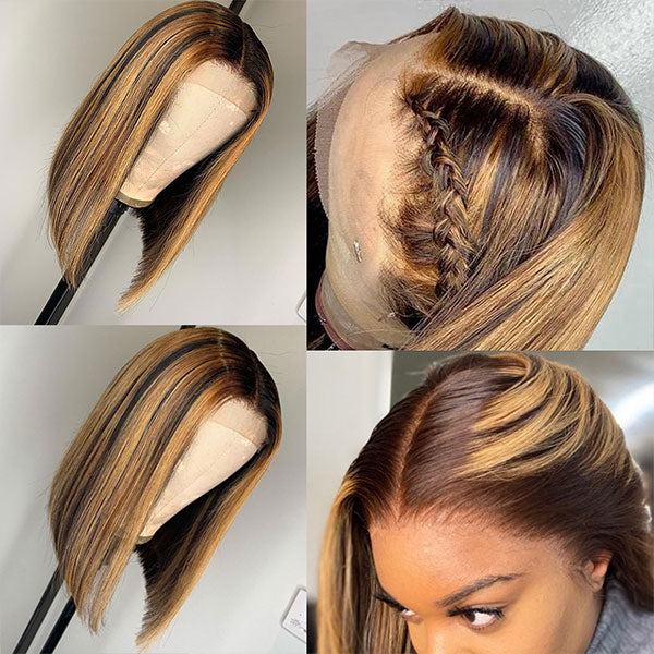 Highlight Short Bob Wig 4X4 Lace Closure Wig Bone Straight Human Hair Wig - LollyHair
