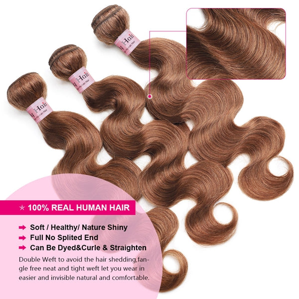 Ombre Hair Bundles with Closure 4# Light Brown Body Wave Human Hair Bundles with 4x4 Lace Closure - LollyHair