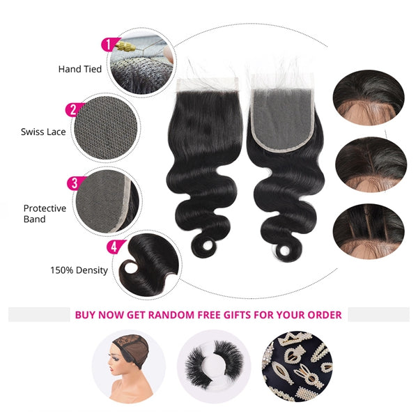4x4 HD Body Wave Lace Closure Transparent Virgin Human Hair Lace Closure Pre Plucked - LollyHair