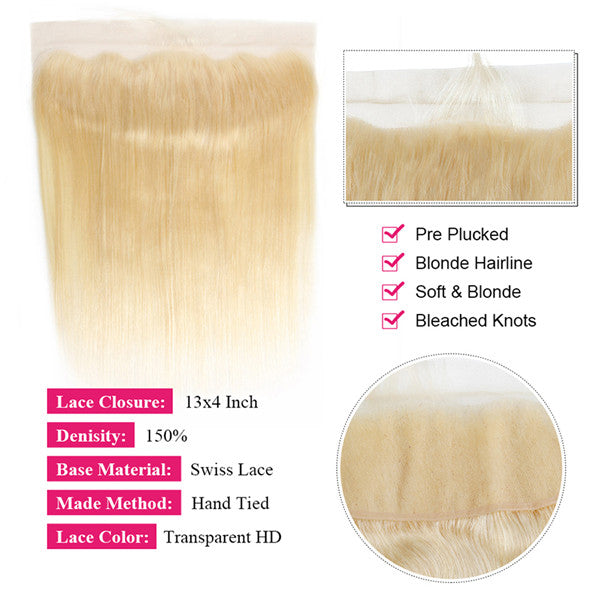 613 Bundles with HD Frontal Brazilian Blonde Straight Human Hair Bundles with Closure - LollyHair
