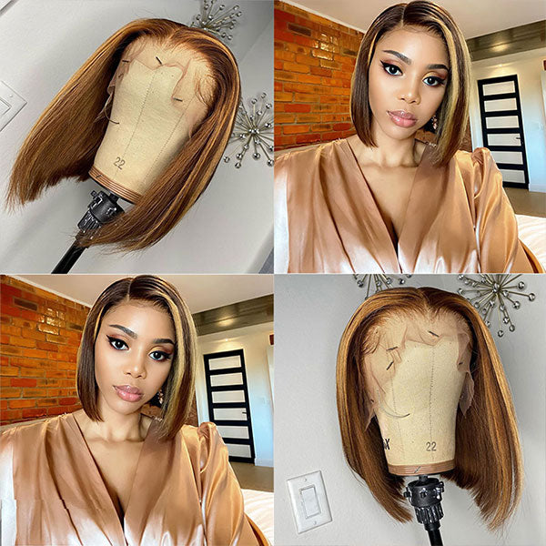 Highlight Short Bob Wig 4X4 Lace Closure Wig Bone Straight Human Hair Wig - LollyHair
