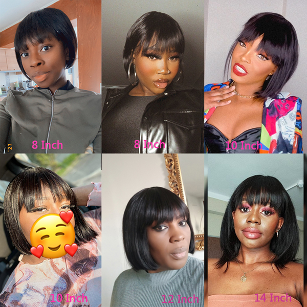 Short Bob Wig With Bangs Straight Glueless Full Machine Made Human Hair Wig - LollyHair