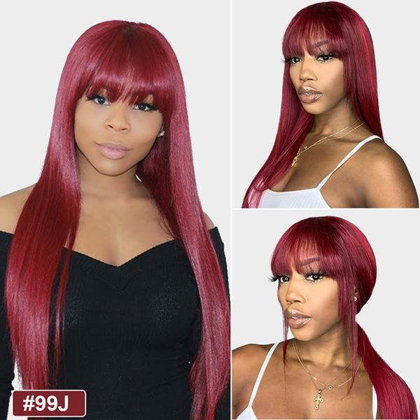 Straight Human Hair Wigs With Bangs Fringe Wig Colored Human Hair Wigs Ginger Burgundy - LollyHair